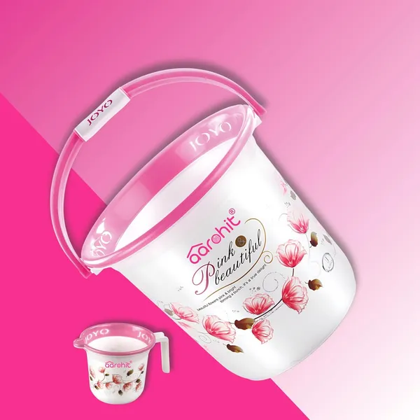 AAROHIT®_Modern_Joyo_Plastic_Bucket_Set_for_Bathroom_with_Handle_and_Mug_for_Home_Bathing_Storage_Multipurpose_-_Pink