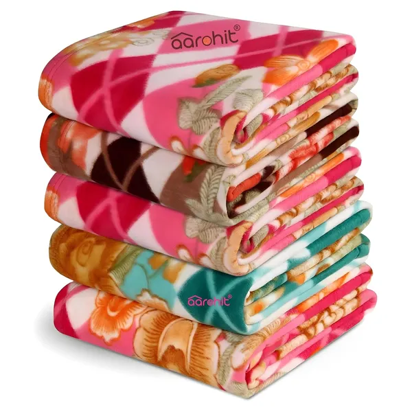 Printed_Polar_Fleece_400Gm_Pack_Of_Single_Bed_250Tc_All_Season_Blanket_Comforter_Dohar_Pack_Of__Multicolor_Pink_Green_Rust_And_Red_2