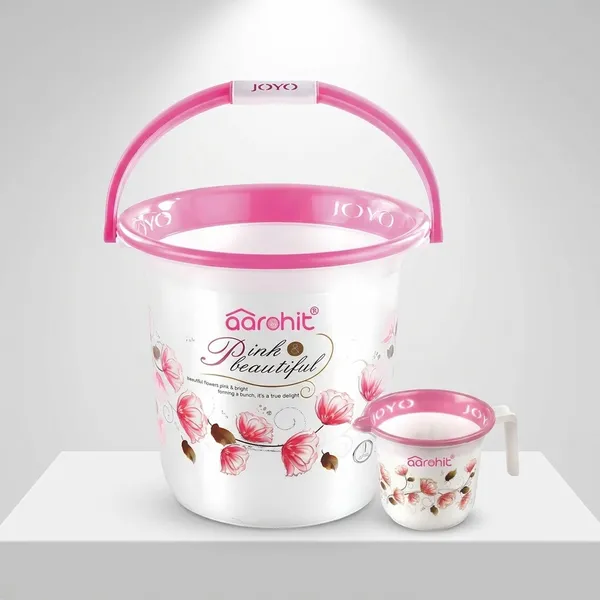 AAROHIT®_Modern_Joyo_Plastic_Bucket_Set_for_Bathroom_with_Handle_and_Mug_for_Home_Bathing_Storage_Multipurpose_-_Pink
