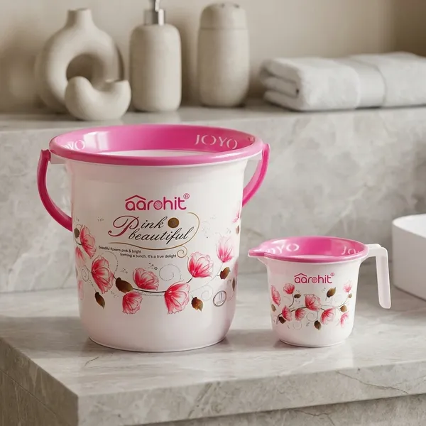 AAROHIT®_Modern_Joyo_Plastic_Bucket_Set_for_Bathroom_with_Handle_and_Mug_for_Home_Bathing_Storage_Multipurpose_-_Pink
