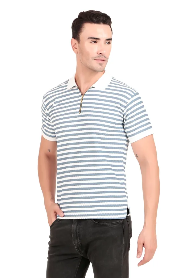Men'S_Blue_And_White_Striped_Polo_T-Shirt_With_Zip_Collar