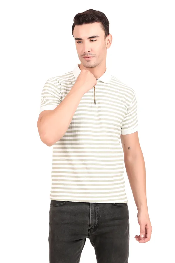 Men'S_Beige_And_White_Striped_Polo_T-Shirt_With_Zip_Collar