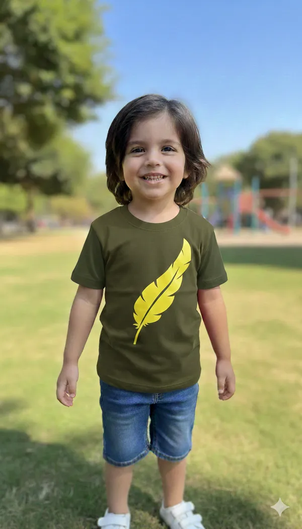 Olive_Green_Kids_T-Shirt_With_Yellow_Feather_Print