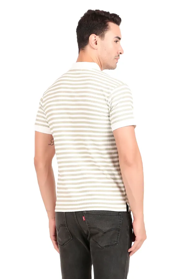 Men'S_Beige_And_White_Striped_Polo_T-Shirt_With_Zip_Collar