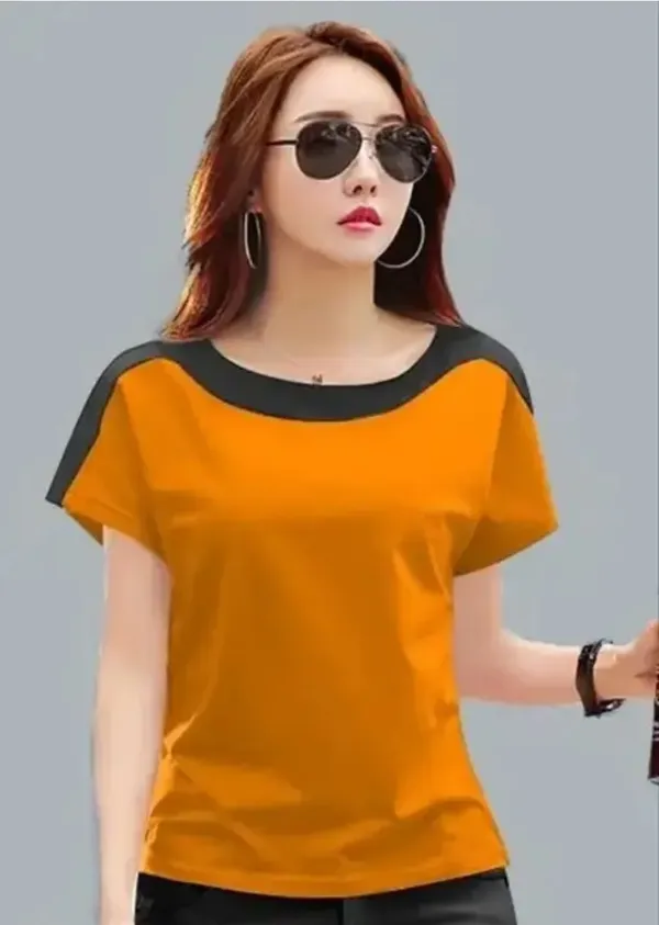 Women'S_Color_Block_Short_Sleeve_T-Shirt_-_Orange_&_Black_Contrast_Trim_Top