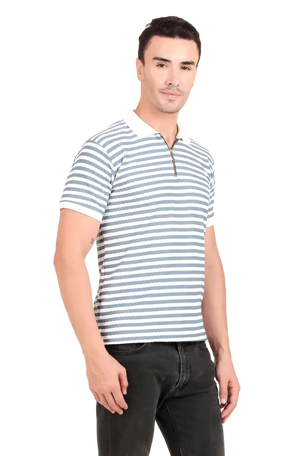 Men'S_Blue_And_White_Striped_Polo_T-Shirt_With_Zip_Collar