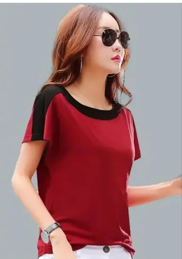 Women'S_Red_&_Black_Color_Block_Round_Neck_Short_Sleeve_T-Shirt