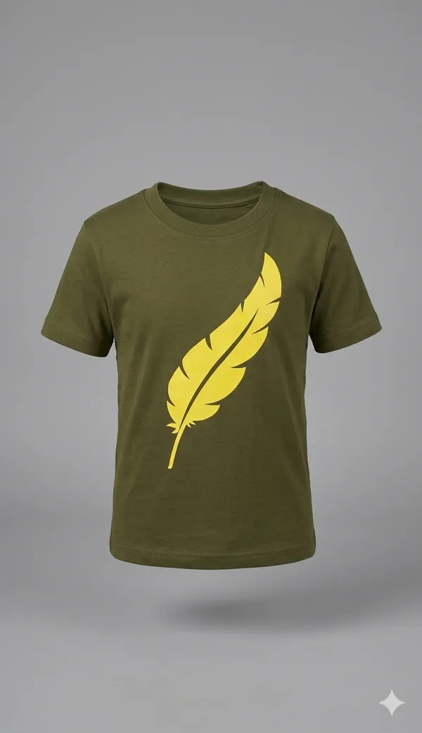Olive_Green_Kids_T-Shirt_With_Yellow_Feather_Print