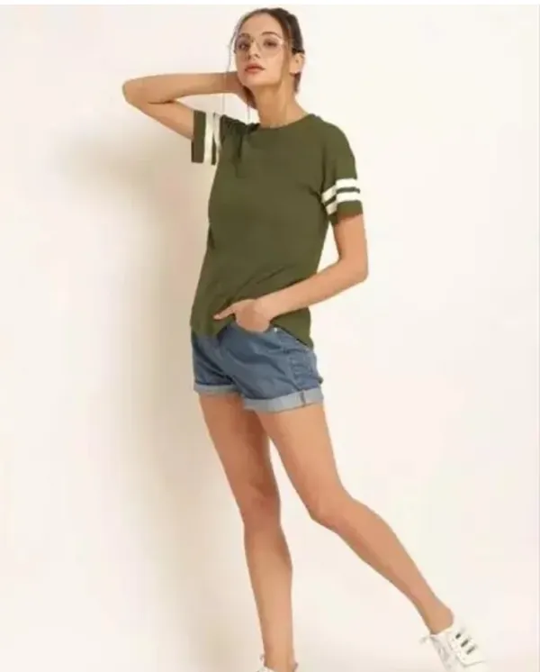 Women'S_Olive_Green_Varsity_Stripe_Half_Sleeve_T-Shirt