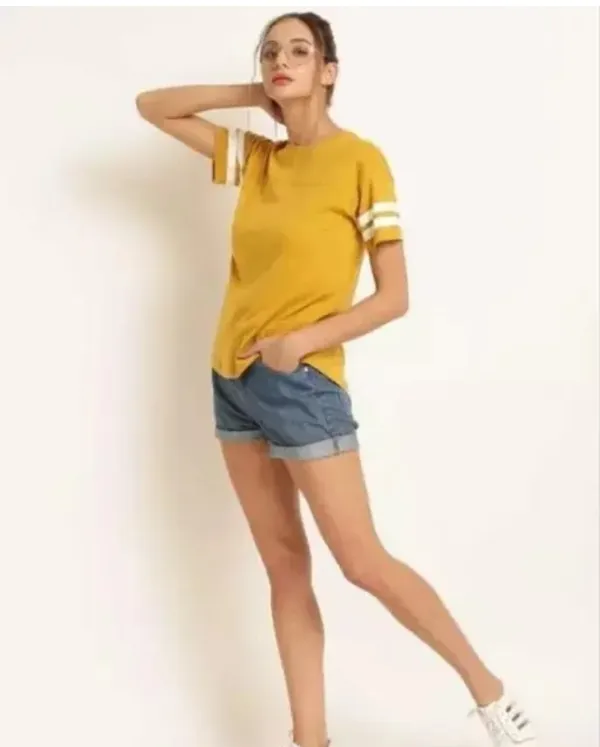 Women'S_Mustard_Yellow_Striped_Sleeve_T-Shirt
