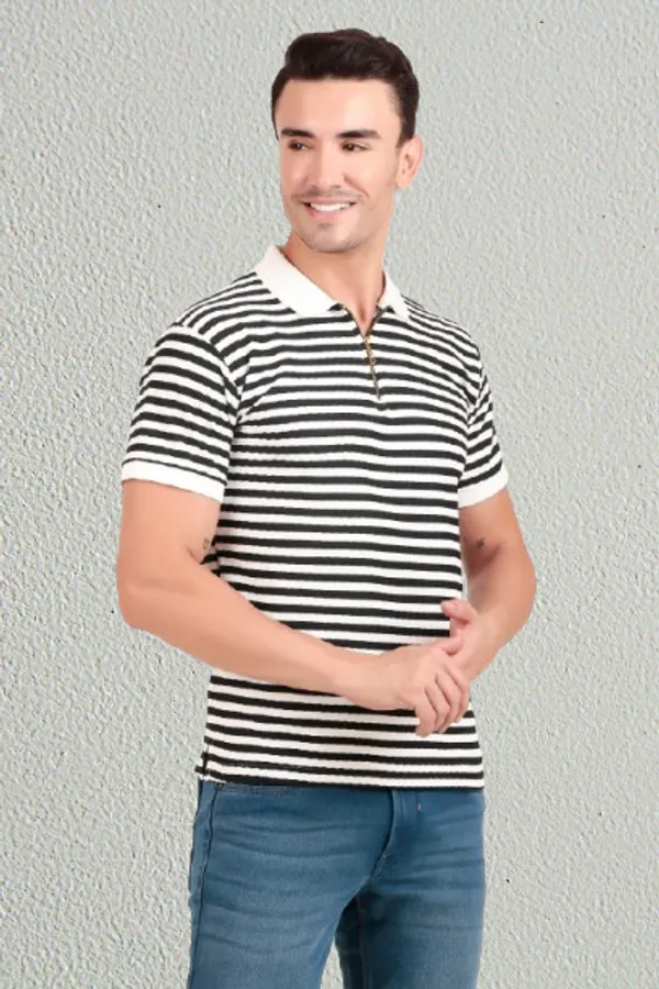 Men'S_Black_And_White_Horizontal_Striped_Polo_T-Shirt_With_Collar_And_Short_Sleeves
