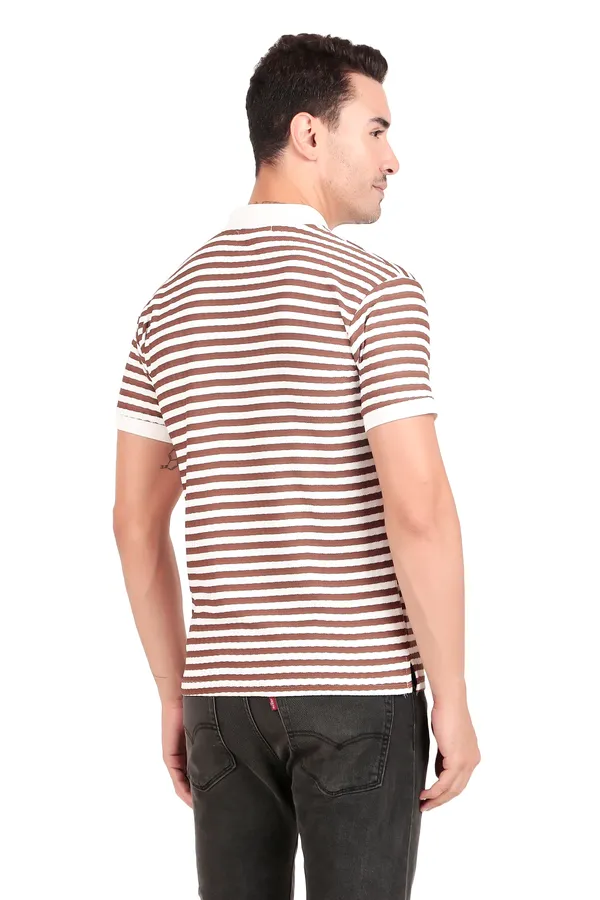 Men'S_Brown_And_White_Striped_Polo_T-Shirt_With_Zipper_Collar
