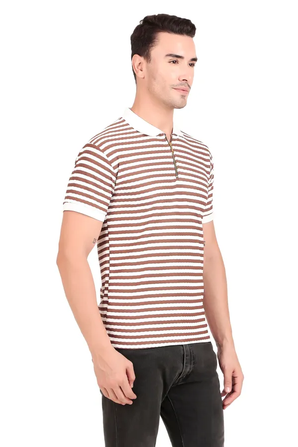Men'S_Brown_And_White_Striped_Polo_T-Shirt_With_Zipper_Collar