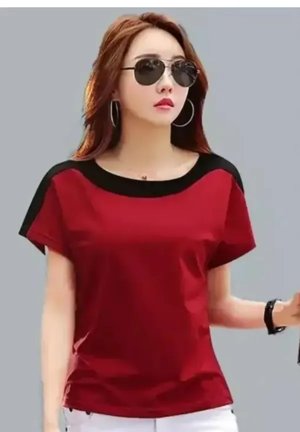 Women'S_Red_&_Black_Color_Block_Round_Neck_Short_Sleeve_T-Shirt