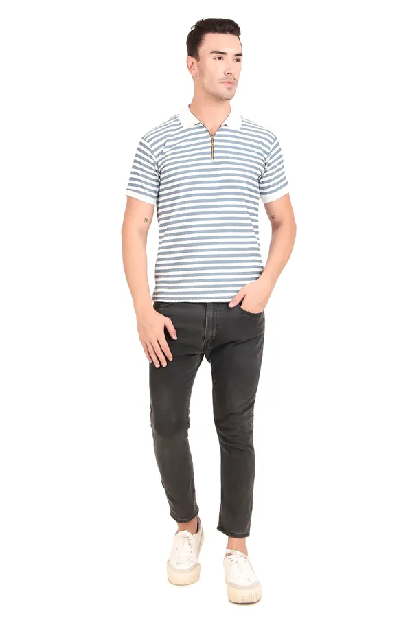 Men'S_Blue_And_White_Striped_Polo_T-Shirt_With_Zip_Collar