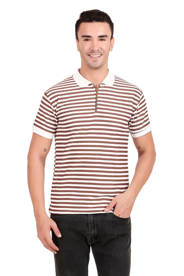 Men'S_Brown_And_White_Striped_Polo_T-Shirt_With_Zipper_Collar
