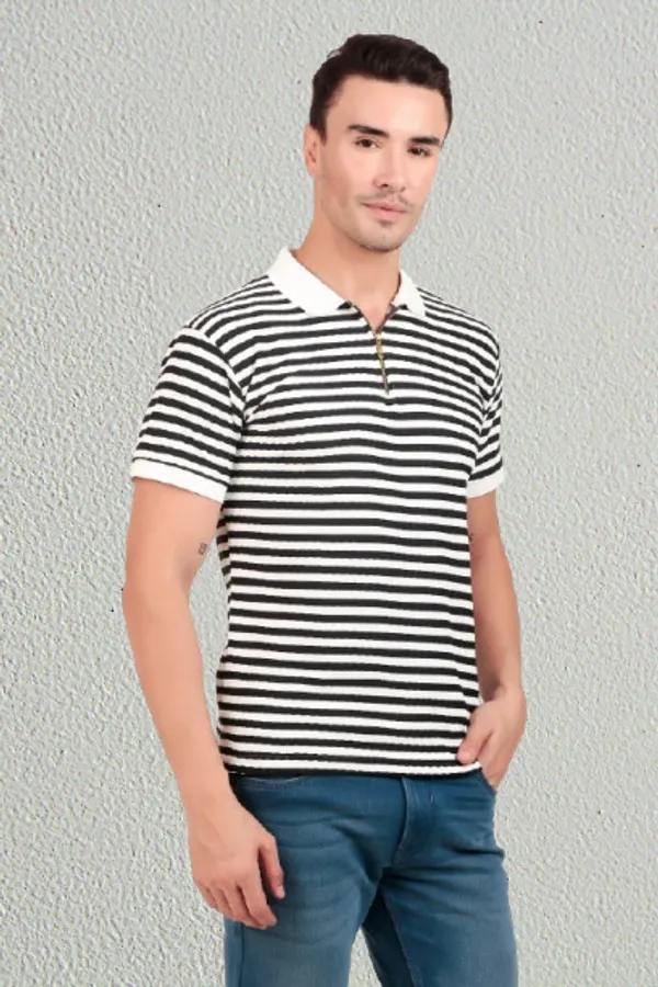 Men'S_Black_And_White_Horizontal_Striped_Polo_T-Shirt_With_Collar_And_Short_Sleeves