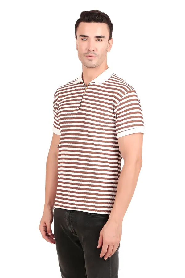 Men'S_Brown_And_White_Striped_Polo_T-Shirt_With_Zipper_Collar