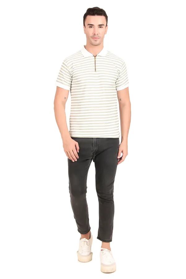 Men'S_Beige_And_White_Striped_Polo_T-Shirt_With_Zip_Collar
