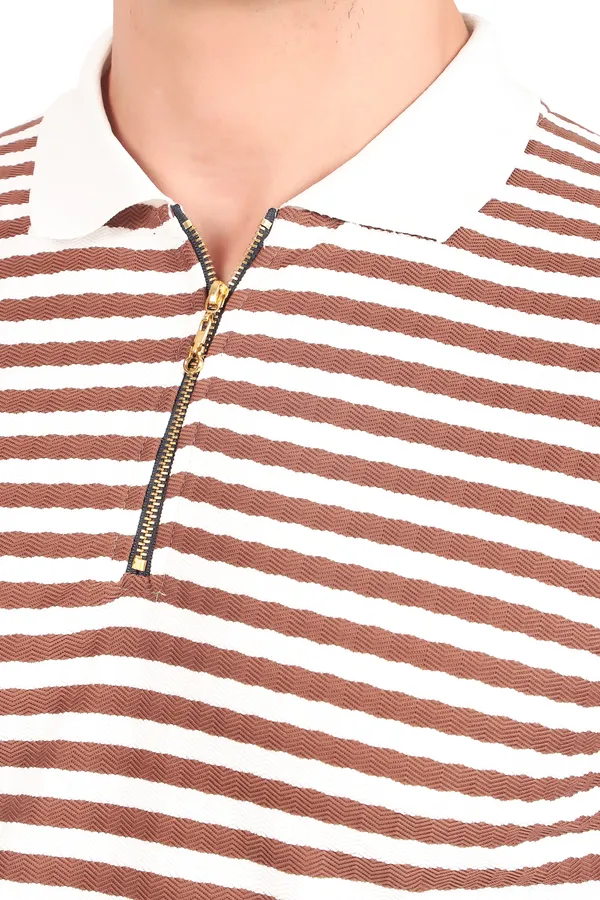 Men'S_Brown_And_White_Striped_Polo_T-Shirt_With_Zipper_Collar