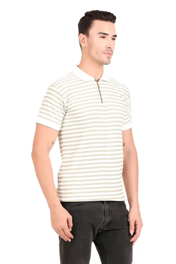 Men'S_Beige_And_White_Striped_Polo_T-Shirt_With_Zip_Collar