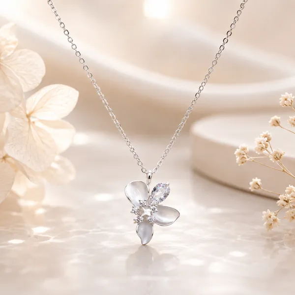 Silver_925_Sterling_Silver_Four-Petal_Flower_Crystal_Pendant_Necklace_For_Women