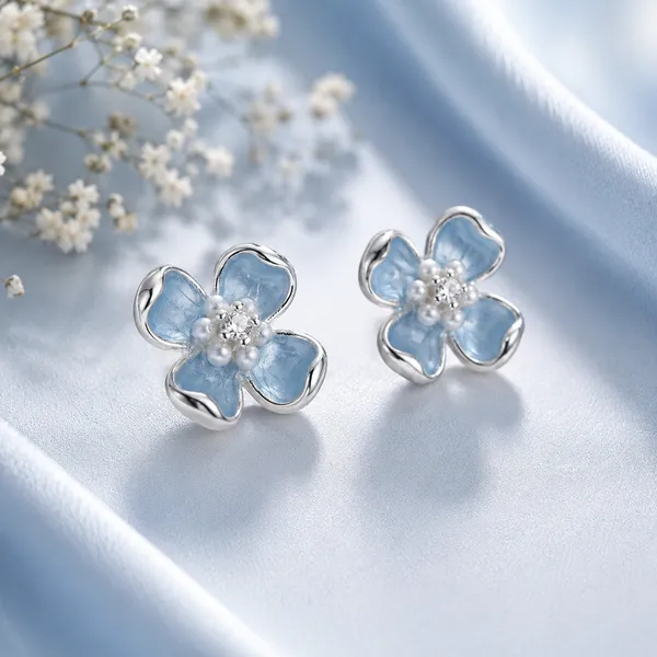Silver_925_Sterling_Silver_Blue_Enamel_Floral_Stud_Earrings_For_Women