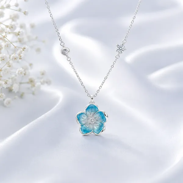 Silver_925_Sterling_Silver_Turquoise_Enamel_Flower_Pendant_Necklace_For_Women