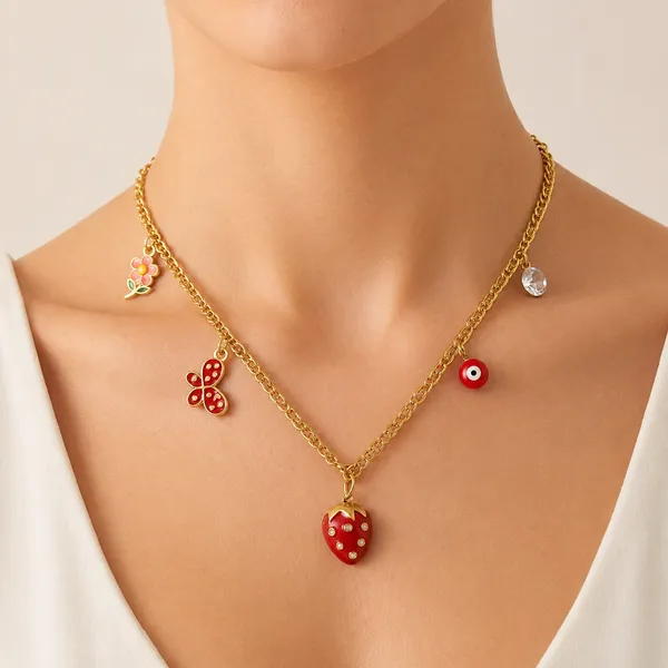 Golden_Anti_Tarnish_Strawberry_Charm_Pendant_Necklace_For_Women