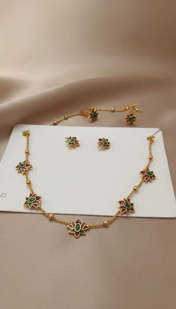 Multicolor_Alloy_Lotus_Enamel_Necklace_And_Earrings_Set_For_Women