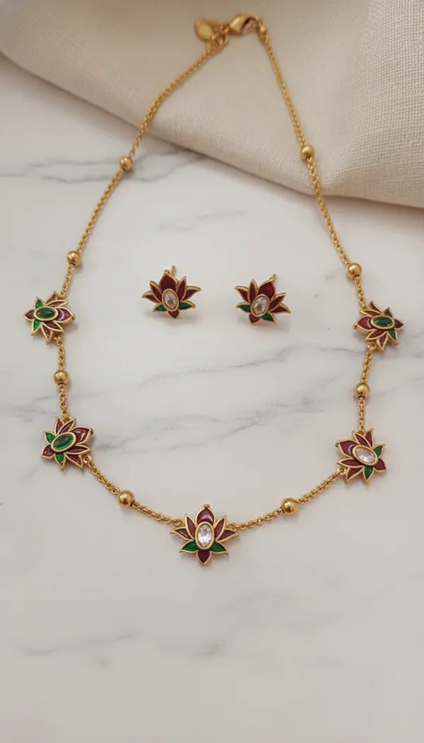 Multicolor_Alloy_Lotus_Enamel_Necklace_And_Earrings_Set_For_Women