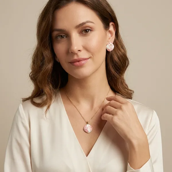 Golden_Pink_Floral_Enamel_Anti_Tarnish_Necklace_And_Earrings_Set_For_Women