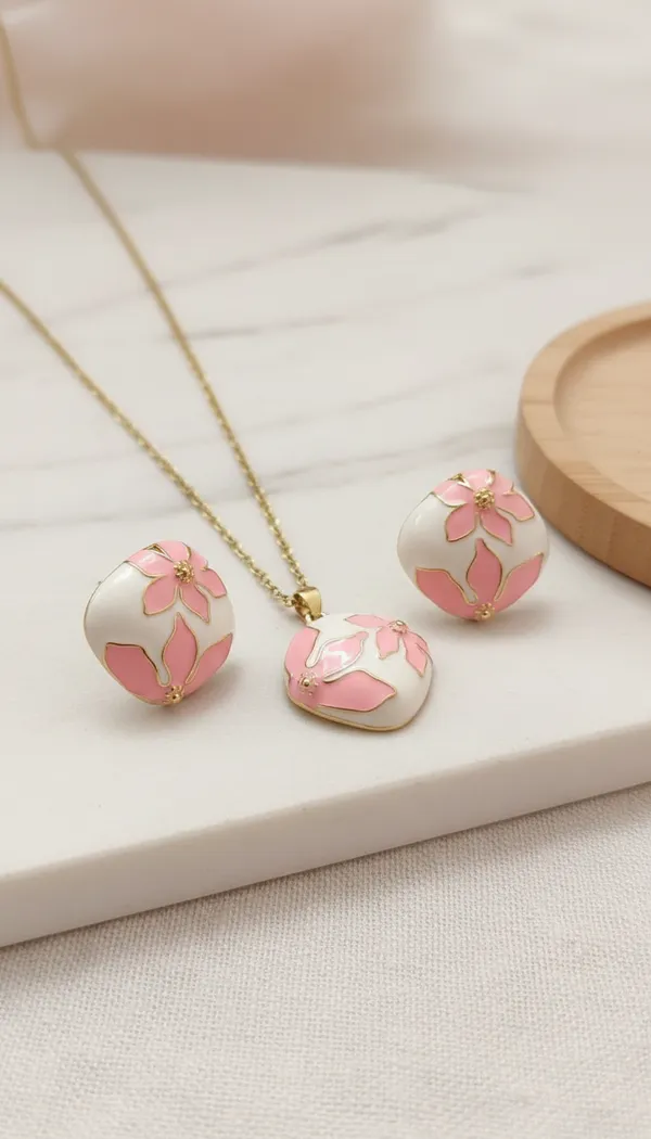 Golden_Pink_Floral_Enamel_Anti_Tarnish_Necklace_And_Earrings_Set_For_Women