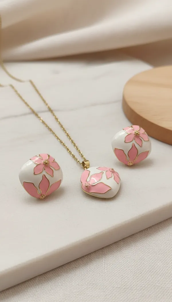 Golden_Pink_Floral_Enamel_Anti_Tarnish_Necklace_And_Earrings_Set_For_Women
