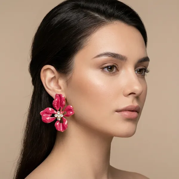 Red_Anti-Tarnish_Floral_Crystal_Stud_Earrings_For_Women
