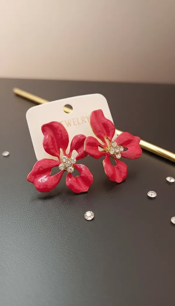 Red_Anti-Tarnish_Floral_Crystal_Stud_Earrings_For_Women