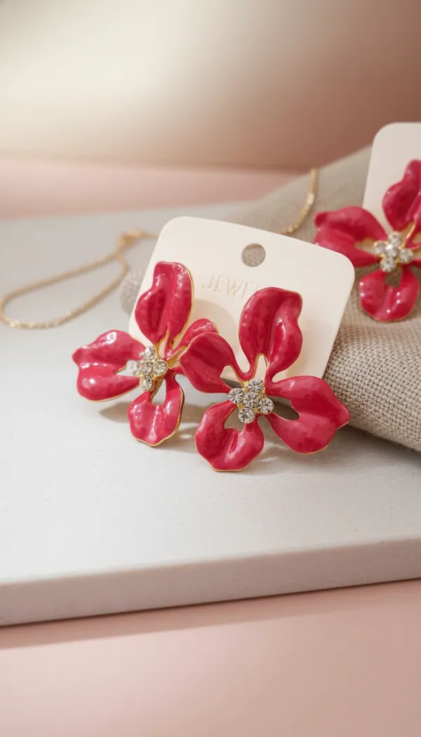 Red_Anti-Tarnish_Floral_Crystal_Stud_Earrings_For_Women