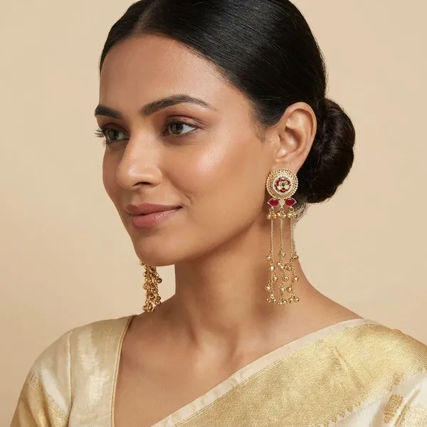 Golden_Alloy_Kundan_Red_Stone_Bell_Tassel_Earrings_For_Women