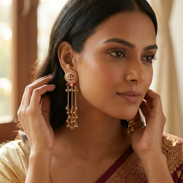 Golden_Alloy_Kundan_Red_Stone_Bell_Tassel_Earrings_For_Women