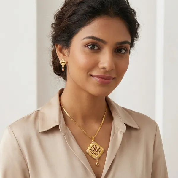 Golden_Plated_Square_Pendant_Necklace_And_Earrings_Set_For_Women