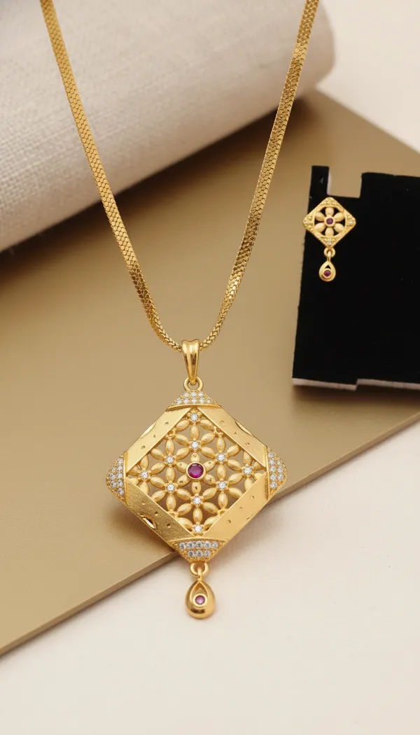 Golden_Plated_Square_Pendant_Necklace_And_Earrings_Set_For_Women
