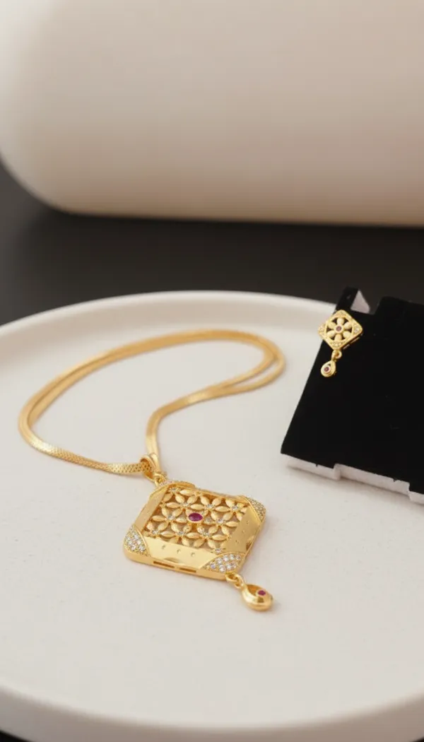 Golden_Plated_Square_Pendant_Necklace_And_Earrings_Set_For_Women