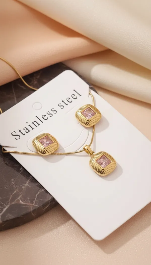 Golden_Pink_Stone_Anti_Tarnish_Necklace_And_Earrings_Set_For_Women