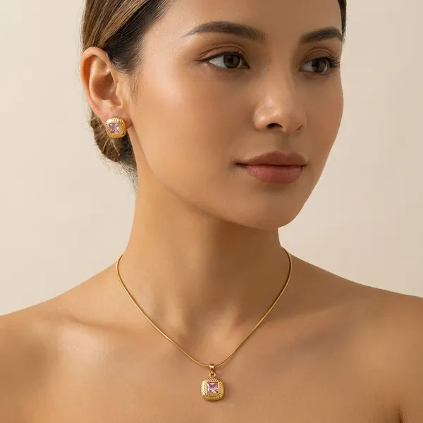 Golden_Pink_Stone_Anti_Tarnish_Necklace_And_Earrings_Set_For_Women