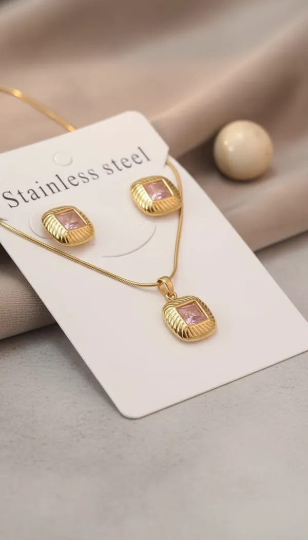 Golden_Pink_Stone_Anti_Tarnish_Necklace_And_Earrings_Set_For_Women