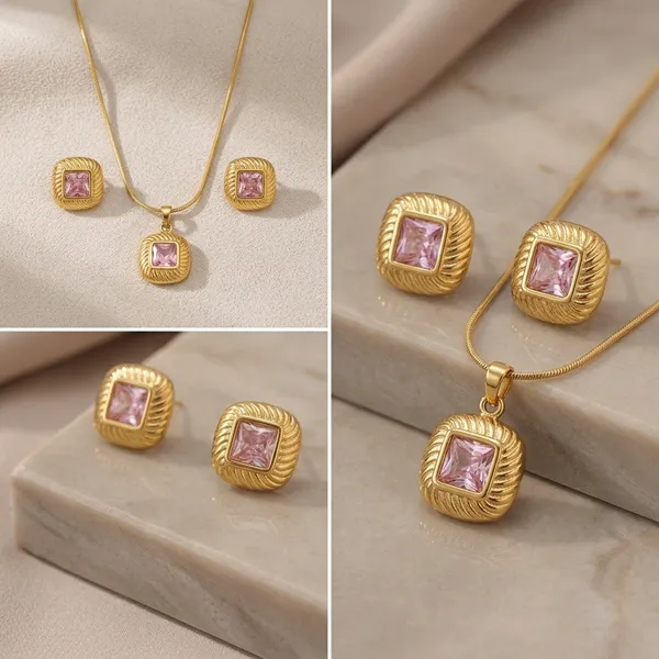 Golden_Pink_Stone_Anti_Tarnish_Necklace_And_Earrings_Set_For_Women