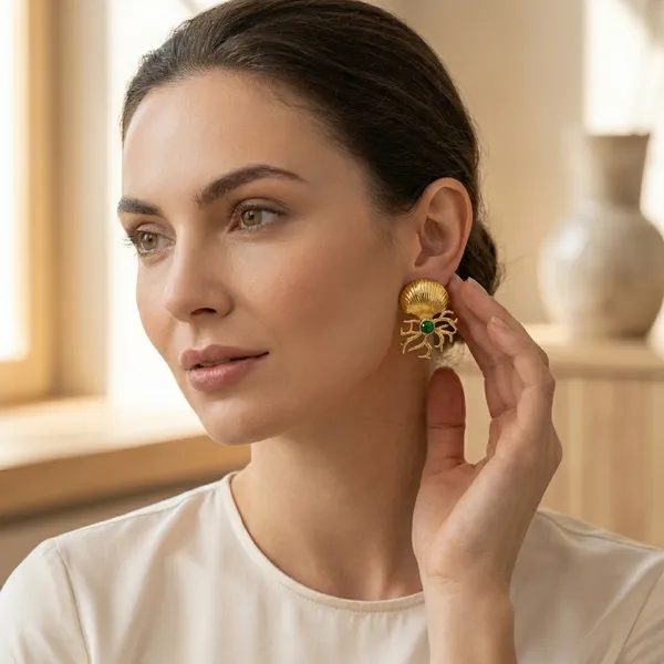Golden_Anti_Tarnish_Shell_Crab_Green_Stone_Fashion_Earrings_For_Women