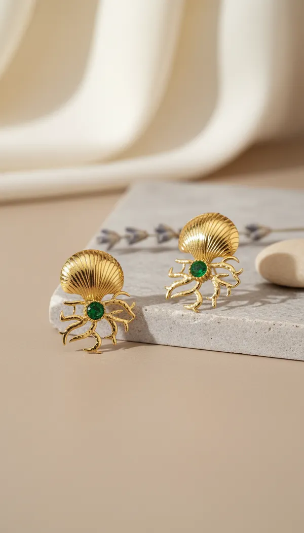 Golden_Anti_Tarnish_Shell_Crab_Green_Stone_Fashion_Earrings_For_Women