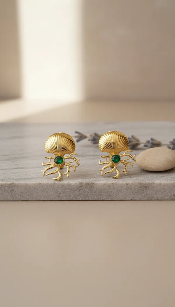Golden_Anti_Tarnish_Shell_Crab_Green_Stone_Fashion_Earrings_For_Women