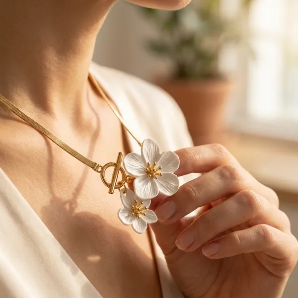Golden_Anti-Tarnish_White_Floral_Charm_Mesh_Necklace_For_Women